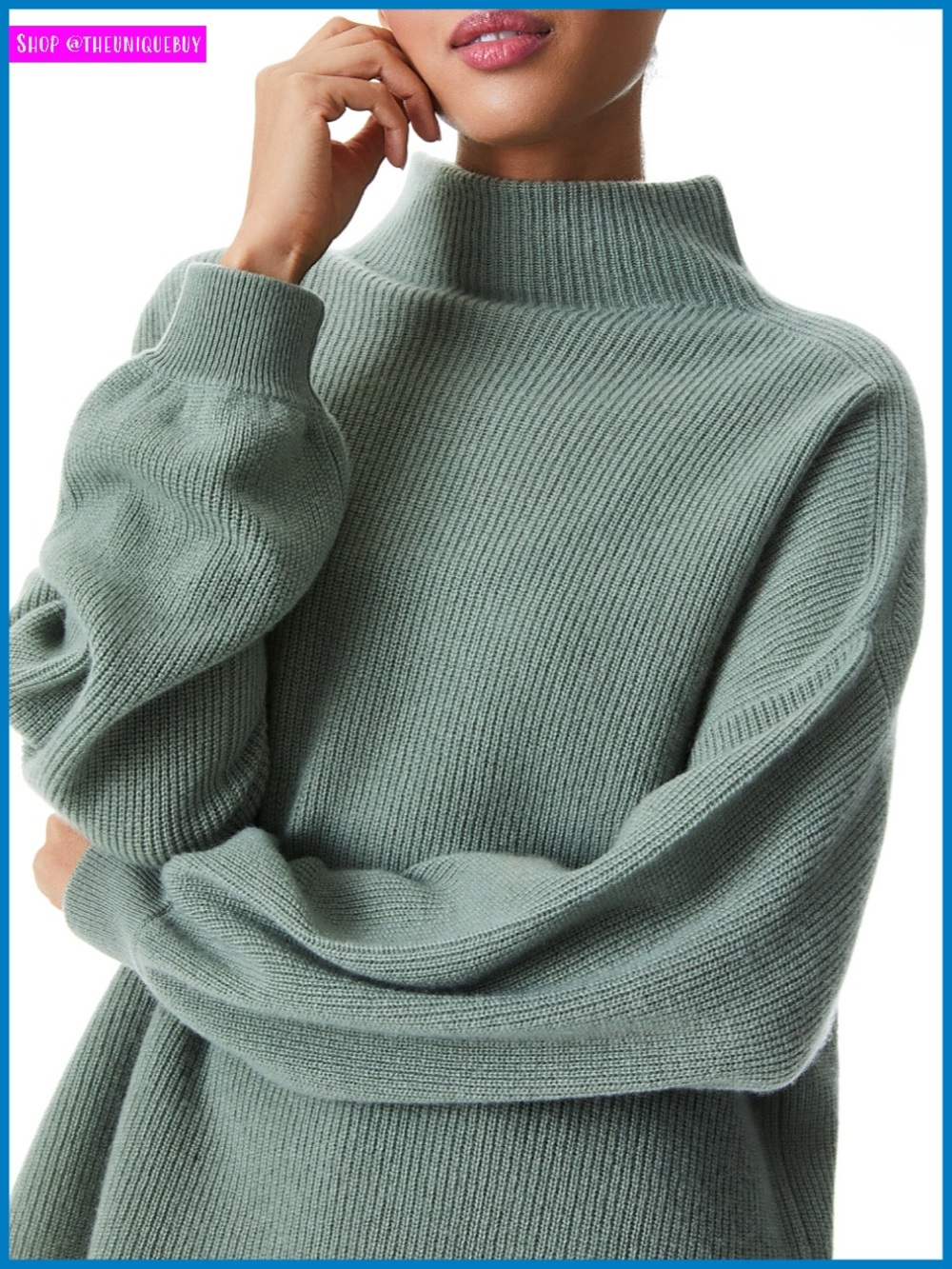 Alice + Olivia Caprice Oversized Cashmere Sage Green Turtleneck Sweater